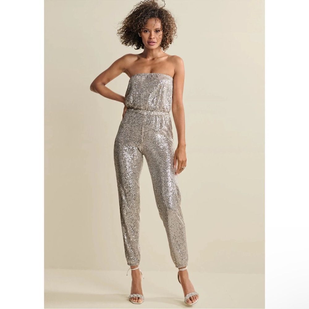 Jay Godfrey Womens Metallic Sequin Jumpsuit in Silver